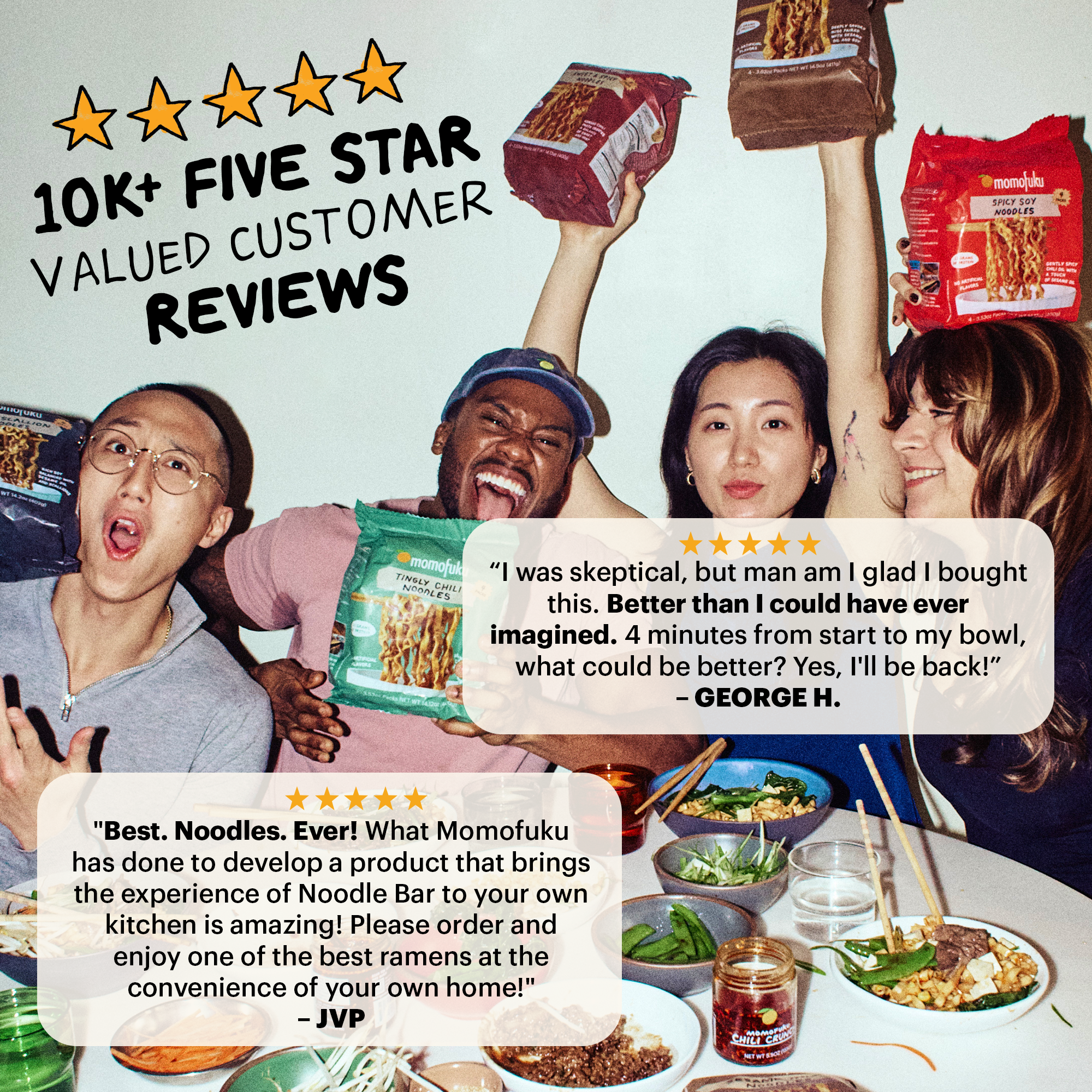 People holding up packages of noodles with five-star customer reviews displayed.