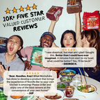 People holding up packages of noodles with five-star customer reviews displayed.