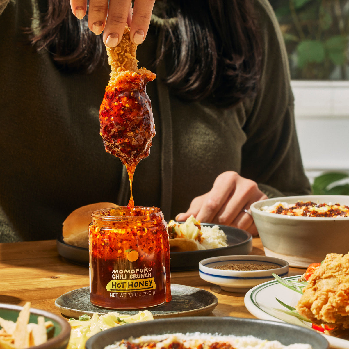 fried chicken dipped into chili crunch hot honey